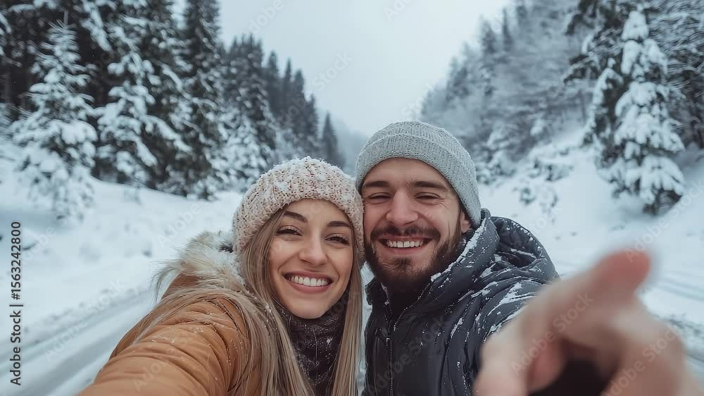 Happy Couple Taking Selfie Pointing Ahead Snowy Road Trip Happy Couple Taking Selfie Pointing Ahead Snowy Road Trip