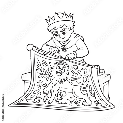 A king embroidering a tapestry with a lion design on it
