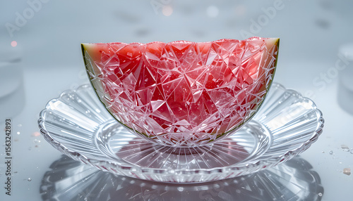 A detailed shot of a clear crystal watermelon, shimmering on a delicate glass plate.
