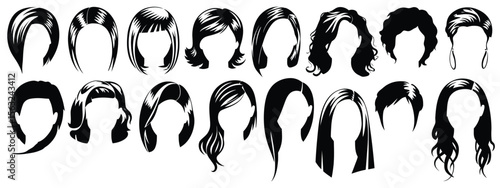 Women's Hairstyle Silhouette Set – Black Minimalist Profile Icons of Various Haircuts and Styles