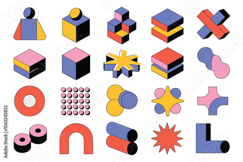Colorful geometric y2k flat vector illustration with volumetric retro abstract 3d shapes set

