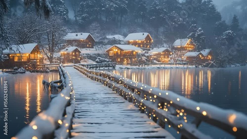 Charming snow covered village with a twinkling bridge over a frozen lake