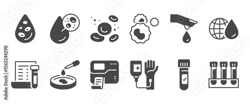 Hematology solid icon set. It included hematologist, Blood, Test Tube, Blood Slide, and more icons