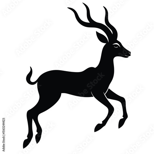 Black silhouette of a gazelle leaping with curved horns antelope