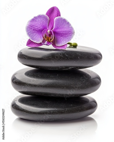 Purple orchid flower on stack of black spa stones