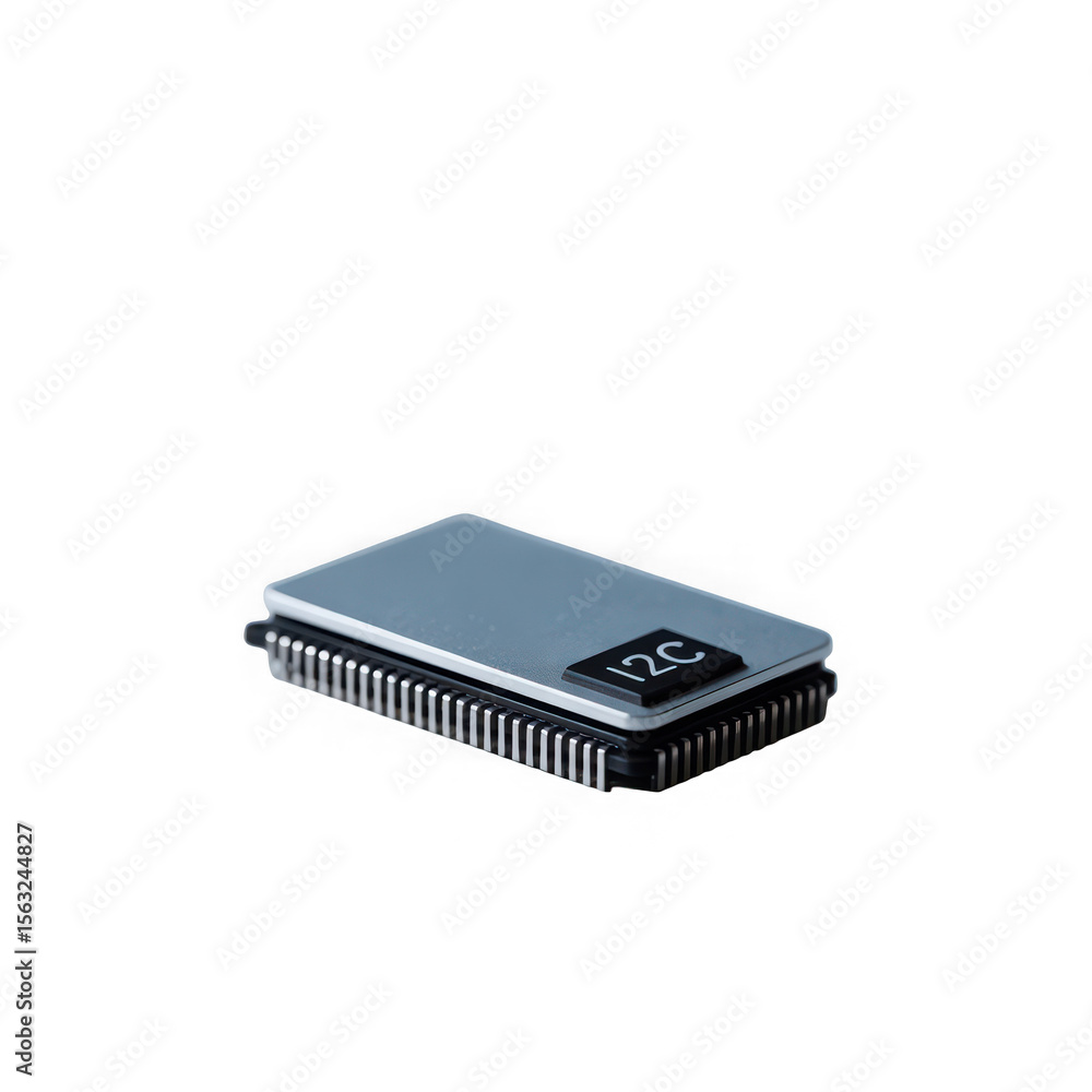 Close up view of a modern i2c integrated circuit chip with many pins isolated on transparent background Close up view of a modern i2c integrated circuit chip with many pins isolated on transparent background