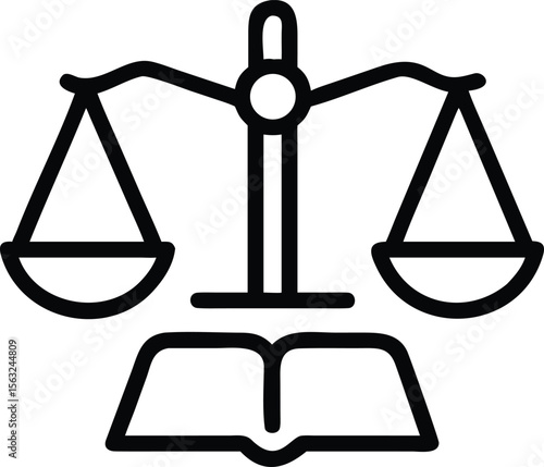 Simple line art of scales of justice over book, law concept vector