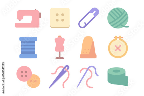 Sewing essentials vector illustration: crafting toolset design for poster, card, flat style