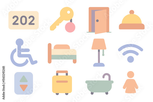Hotel amenities icons vector illustration for booking and travel design in flat style