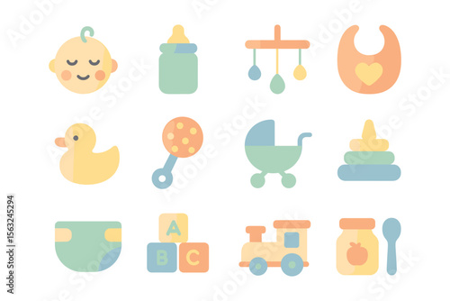 Pastel baby essentials vector illustration for nursery decor and child care design in flat style