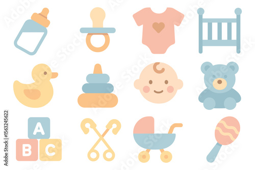 Baby essentials vector illustration: pastel flat style design for nursery decor and cards