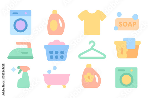 Laundry day essentials vector illustration: pastel flat design for home organization and cleaning