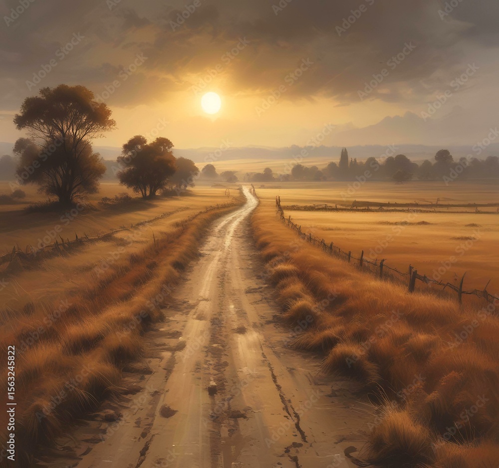 Obraz premium Illustration of misty road through a brown field.