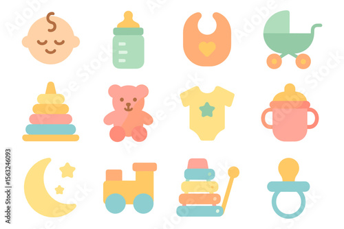Cute baby essentials vector illustration for nursery design in flat style