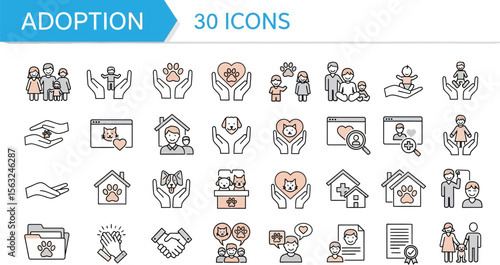 Adoption icons vector set for family and pet adoption design elements pack