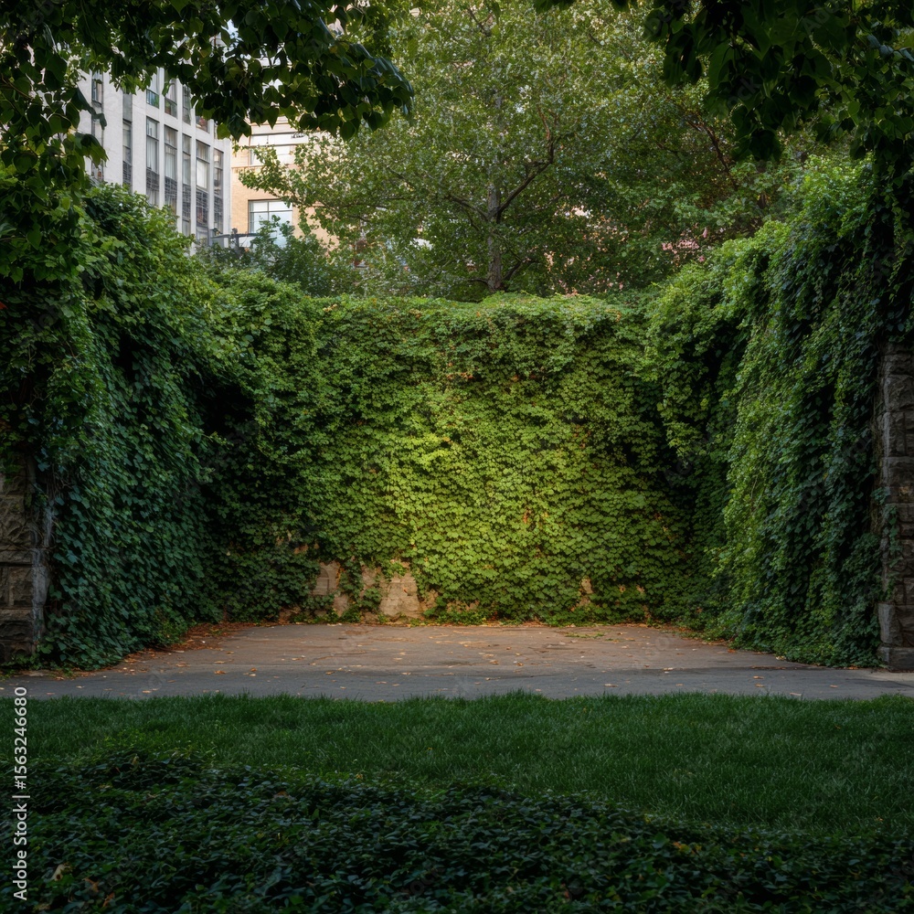 Naklejka premium Green Ivy Covered Wall with Illuminated Patch in Urban Park