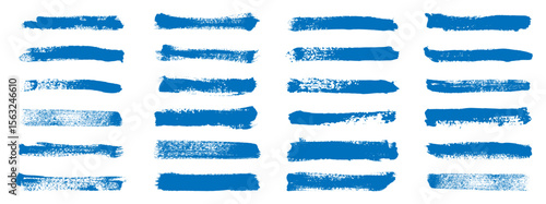 Collection of blue grunge brush strokes with rough textured edges. Ideal for artistic designs, posters, banners, web graphics, and creative projects. High-resolution vector illustration.