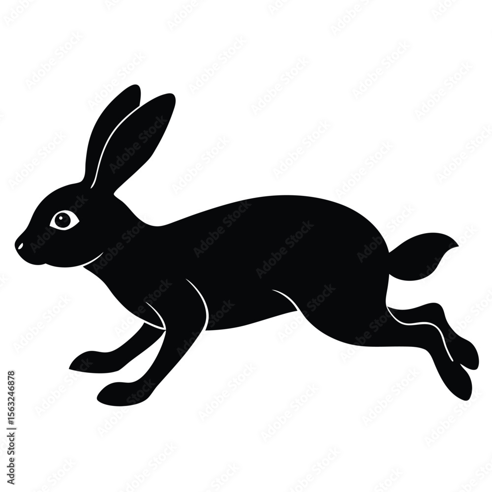 Obraz premium Black silhouette of a running hare with long ears and white eye rabbit