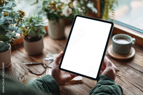 Hands holding a tablet with blank screen, surrounded by plants and a coffee cup