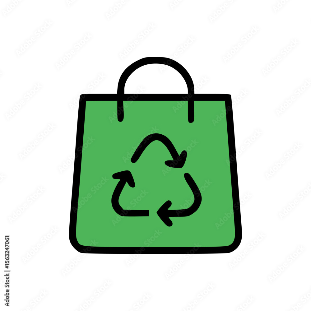 Flat vector icon of recyclable green bag used in zero waste stores and environmental conservation campaigns Flat vector icon of recyclable green bag used in zero waste stores and environmental conservation campaigns