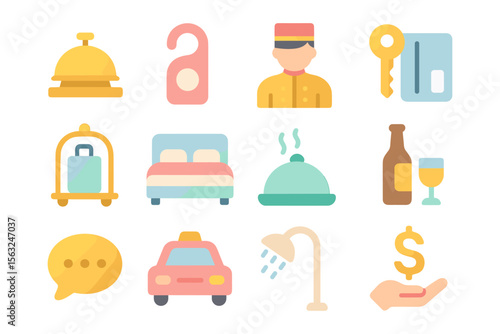 Hotel services vector illustration: icons for hospitality design in flat style