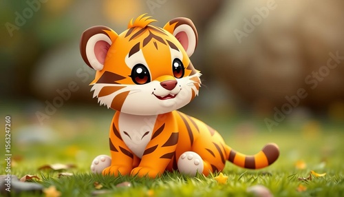 Adorable orange and brown cartoon tiger cub, star element, kawaii style, playful expression,  star,  fantasy