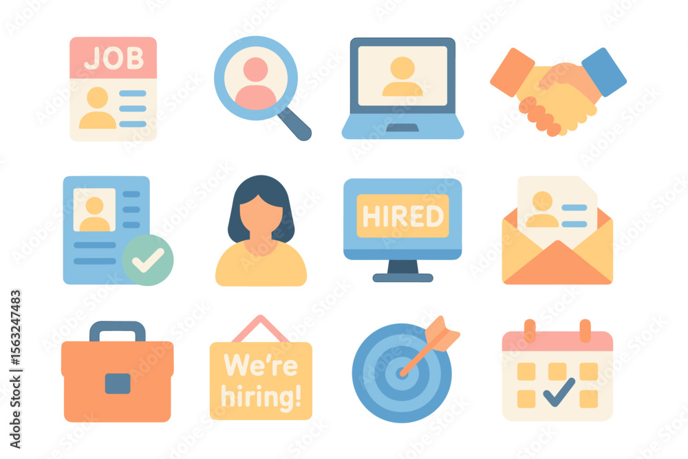 Job recruitment vector illustration - flat style icons for hiring process design Job recruitment vector illustration - flat style icons for hiring process design