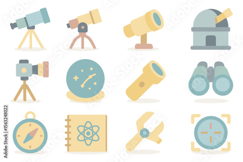 Astronomy tools vector illustration: telescope and binocular icons in flat style for science education design