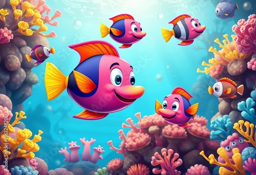 Vibrant cartoon fish swim amongst lush coral reefs in a seamless underwater scene,  green,  underwater world