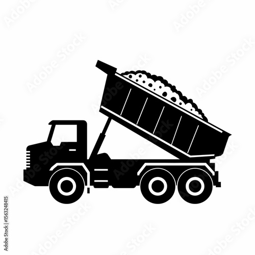 A black silhouette illustration of a dump truck with its bed raised and full of material.