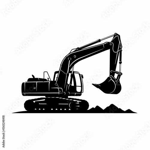 A powerful black silhouette of an excavator, poised for digging, against a simple mountainous backdrop.