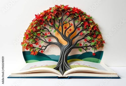 Layered paper cut tree, botanical landscape, open book, tranquil scene,   escape,  serene
