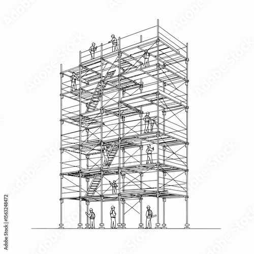 Construction workers assembling and working on a large, multi-level scaffolding structure.