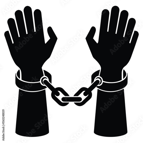 Black silhouette of two hands bound by a chain linked