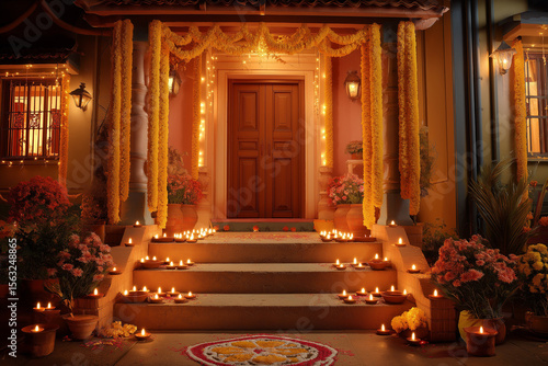 Wallpaper Mural Diwali-decorated Indian house entrance with glowing diyas, flowers and rangoli Torontodigital.ca