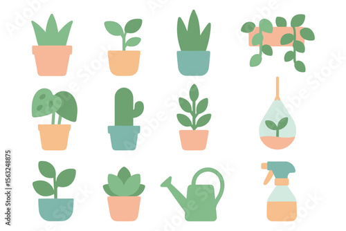 Flat style vector illustration of indoor plant collection for home decor design