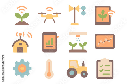 Smart farming vector illustration: iot devices and modern agriculture icons in flat style for digital and print design