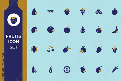 Fruits solid icons set .  banana, pineapple, cherry,  grapes, strawberry, watermelon, Apple, pear,lemon , grape, fill collection.  vector illustration and more.