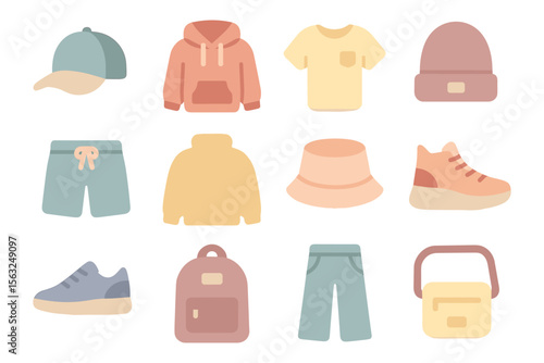 Casual fashion essentials vector illustration: flat style clothing and accessories design for posters