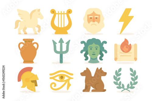 Greek mythology icon set vector illustration for educational poster or web design in flat style