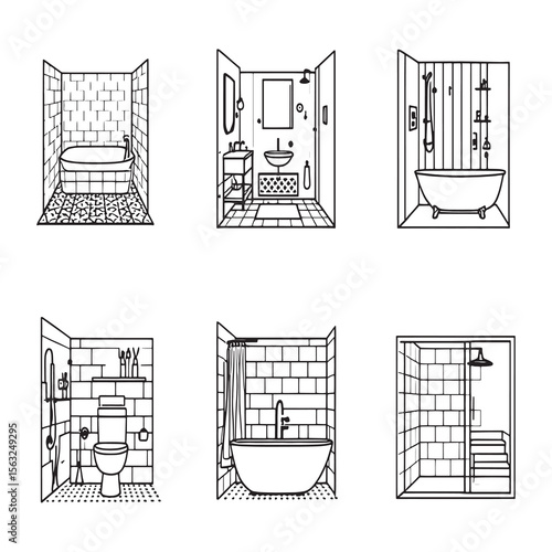 Stylish contemporary bathroom interior line art vector graphic
