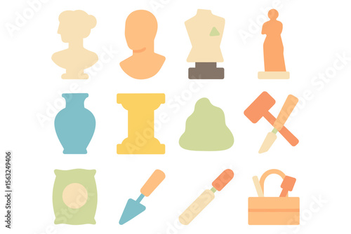 Antique artifacts vector illustration: ancient sculptures and tools in flat design for educational posters