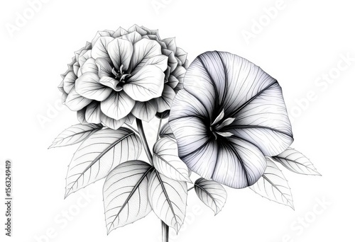 Elegant black & white hydrangea & morning glory botanical illustration Vintage style, perfect for wedding & home decor,   vintage style,  textile