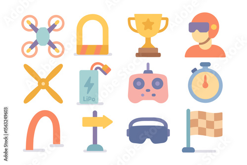 Drone racing vector illustration: equipment and symbols in flat style for design and print