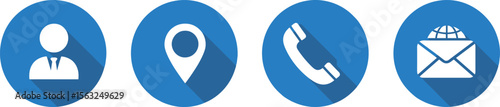 Flat Design Contact Information Icon Set with Name, Location, Phone, Email, and Web Address Symbols, Modern Blue Style for Business and Web Use