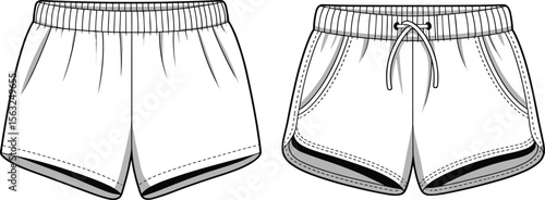 PrintVector technical sketch of women athletic shorts, casual gym shorts with drawstring, fashion flat design for sportswear, fitness clothing, comfy summer apparel template.