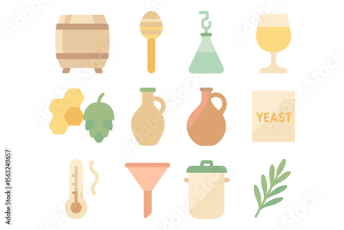 Brewing elements vector illustration: homebrew ingredients and equipment in flat style