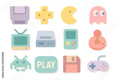 Retro video game icons vector illustration: nostalgic gaming design for posters and prints in flat style