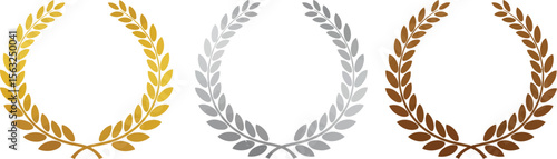 Minimalist vector laurel wreath set with gold, silver, and bronze leaves, classic badge style for awards and achievement design