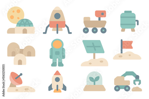 Mars colony exploration icons: future space vector illustration for design, poster, flat style